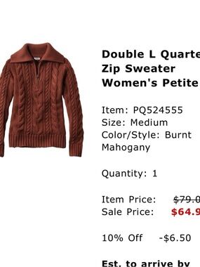 L.L. Bean Burnt Mahogany Cable Knit Quarter-Zip Sweater